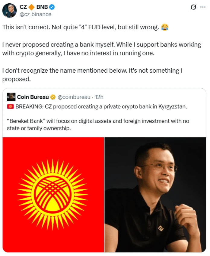 CZ denies setting up crypto bank Kyrgyzstan in a X post
